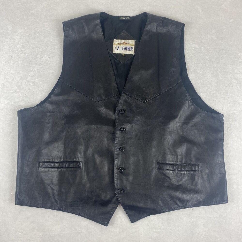 L.A. Leather Vest Mens XXL 2XL Black Genuine Leather Riding Biker Western